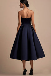 Marineblaues Trägerloses Midi Partykleid aus Satin in A-Linie